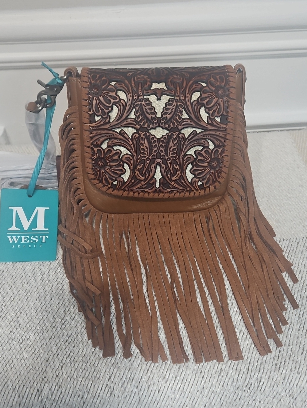 NWT Montana West Brown Leather Fringe Crossbody Bag - Floral Tooled Design